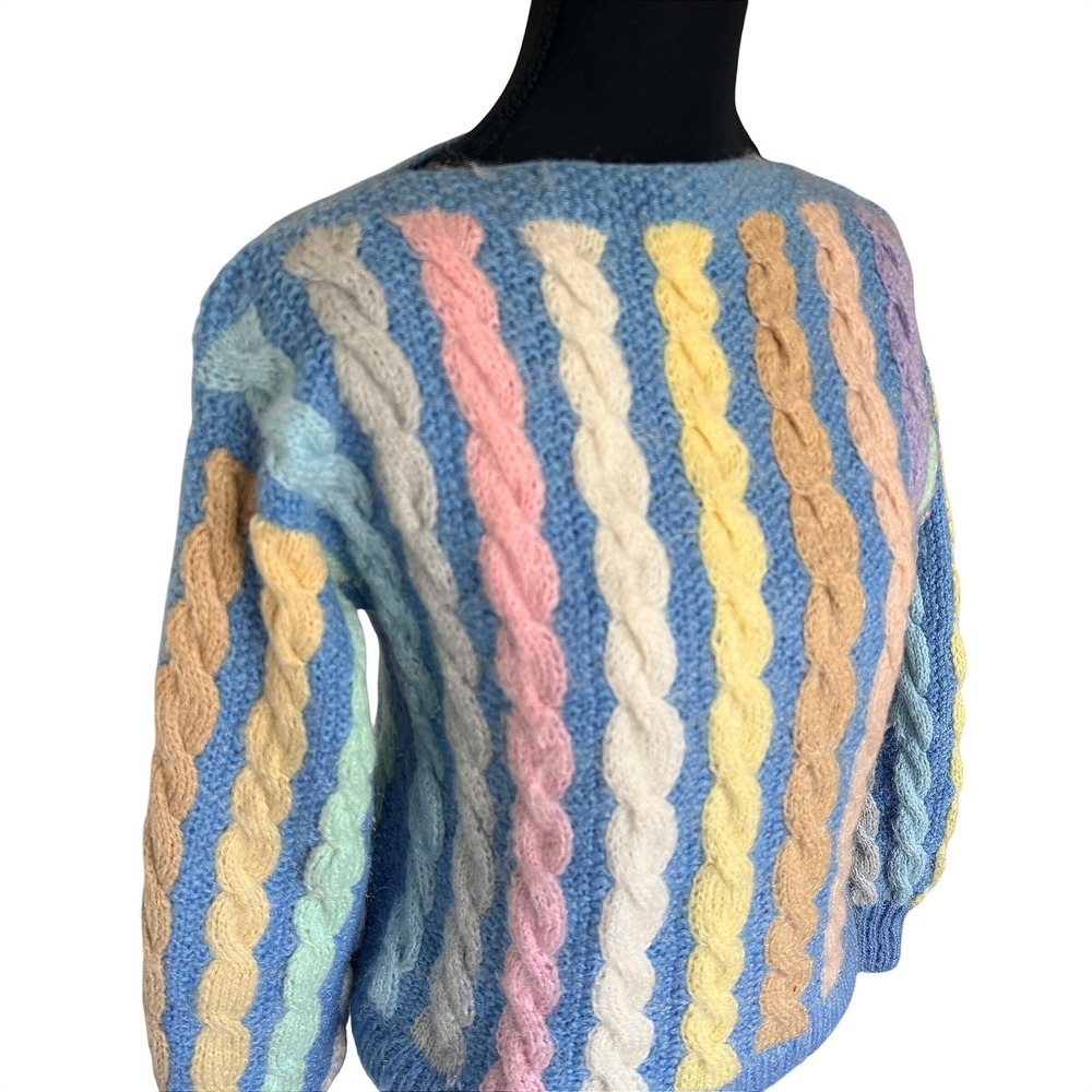 Handmade Pastel Rainbow Chunky Cable Knit Sweater Small Blue Striped‎ Boatneck